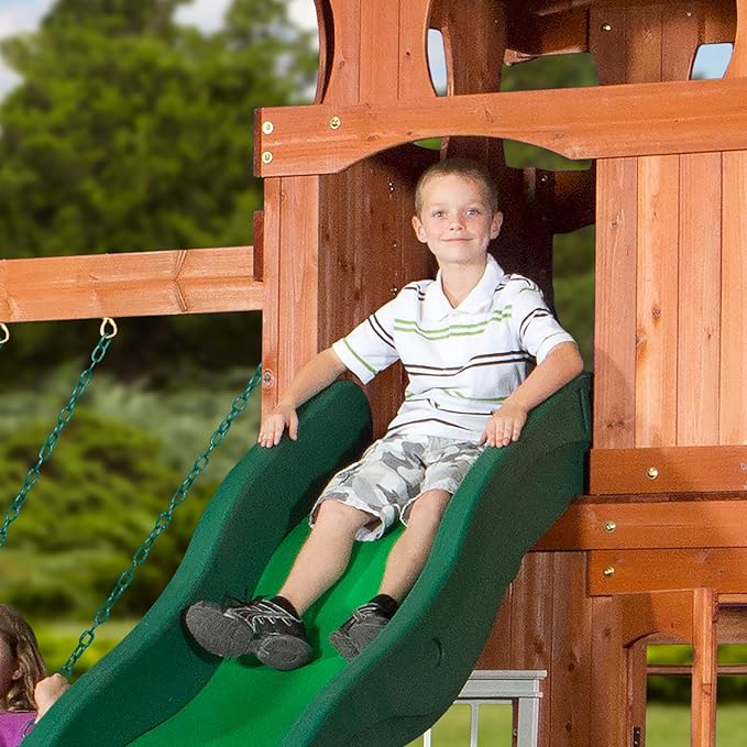 Backyard Discovery Shenandoah Cedar Wood Swing Set with Wave Slide, Raised Clubhouse, Playhouse, Play Kitchen, Belt Swings, Trapeze, Rock Wall, Ladder, Picnic Table, Full Door, Outdoor Playset
