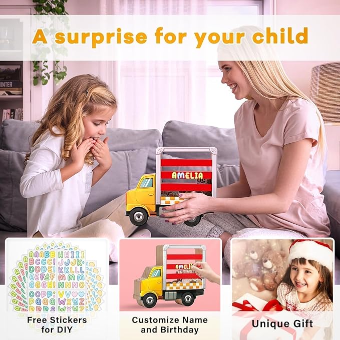 Wooden Piggy Bank for Kids, Truck Piggy Bank with Acrylic Panels, Unbreakable Toddler Money Box for Boys and Girls, DIY Kids Safe Coin Box with Letter Sticker, Birthday Gift