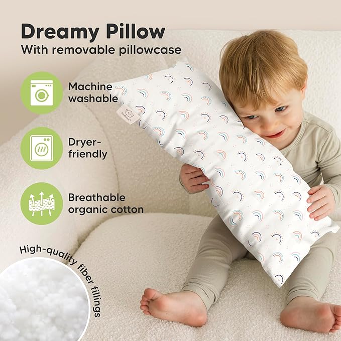 Toddler Pillow with Pillowcase - 10x18 My Little Dreamy Kids Travel Bed Pillows for Sleeping, Organic Cotton Small Pillowcase, Soft & Breathable, Machine Washable, 2-5 Years Old (Jolly Rainbow)
