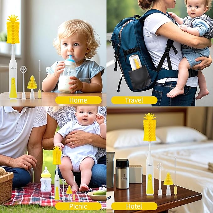 Electric Bottle Brush Cleaner, Portable Electric Baby Bottle Brush Cleaner for Travel, Rechargable Travel Bottle Cleaner Kit with Nipple & Straw Brush, Perfect Mom Essentials After Birth Gift, Yellow