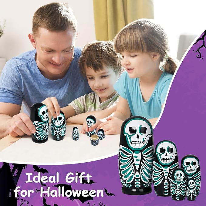 Nesting Skulls, 5 Pcs Handmade Wooden Russian Stacking Dolls, Home Halloween Decoration Gift