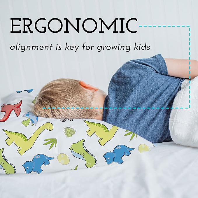 Little Sleepy Head Toddler Pillow with Pillowcase 13x18 - Kids Pillow for Sleeping - Better Neck Support Ergonomic Pillow and Toddler Pillowcase - Best Pillows for Kids (Dinosaurs White)