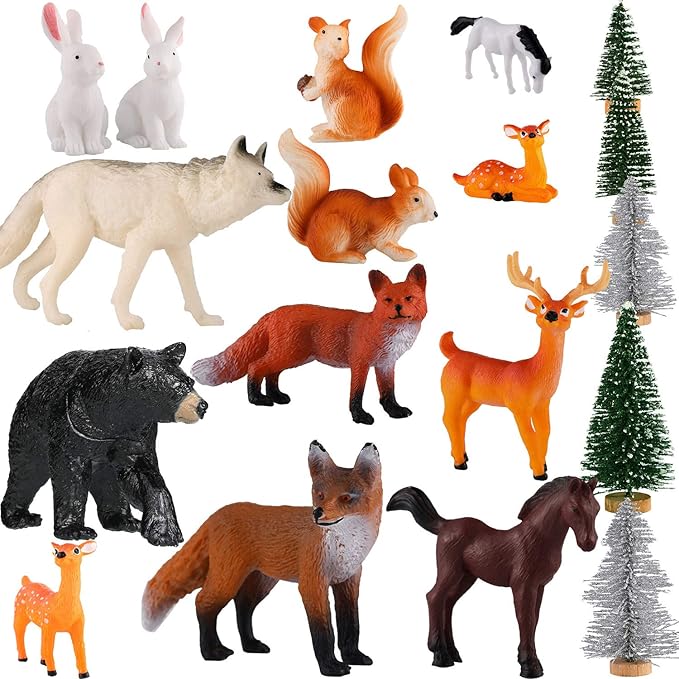 Skylety 18 Piece Wild Forest Animals Figures Toys Set Assorted Creatures Forest Diorama Realistic Plastic Woodland Animals Figurines Model Trees for Birthday Party Favors for Boys and Girls