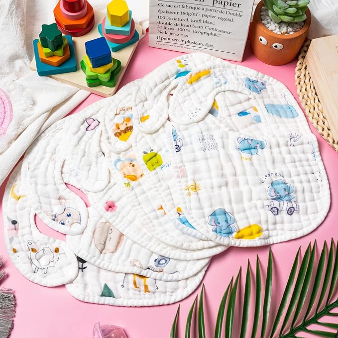 Zainpe 6Pcs Snap Muslin Cotton Baby Bibs Elephant Whale Rabbit Pattern Feeding Bib Adjustable Machine Washable Unisex Burp Cloths with 6 Absorbent & Soft Layers for Boys Girls Drooling Teething Eating