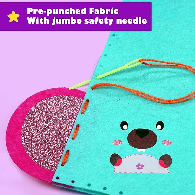 Aimiffy Kids Sewing Kit for Girls - Beginner Arts & Crafts,Make 6 Projects of Animal Knitting Kit for Beginners Arts and Crafts,Birthday Gifts for Girl 5-12 Years, Toddler Learn to Sew and Embroidery