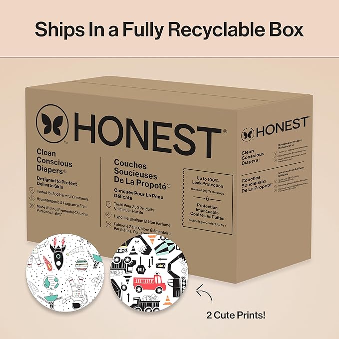The Honest Company Clean Conscious Diapers for Delicate Skin, Up to 100% Leakproof Hypoallergenic Fragrance-Free Baby Diapers, Gender Neutral Prints, Super Club Box, Size 4 (22–37 lbs), 104 Count