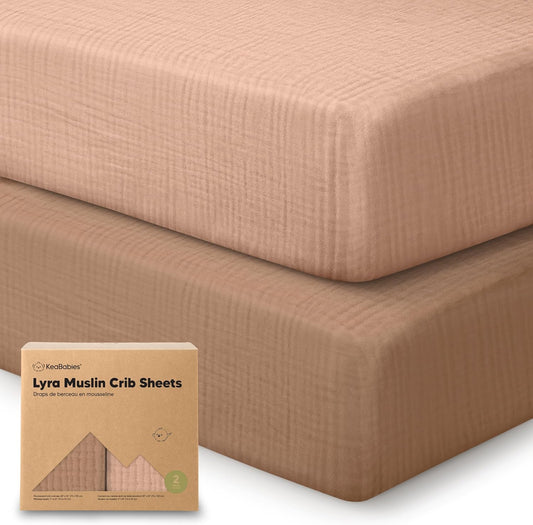 KeaBabies 2-Pack Muslin Crib Sheets for Boys, Girls - 100% Organic Cotton Fitted Baby Crib Mattress Sheet, Soft Breathable Standard Toddler Bed Cover Bedding Set, Neutral, Durable 52x28 (Russet)