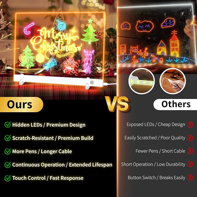 LED Note Board with Colors, Led Drawing Board for Kids, Light Up Acrylic Dry Erase Boards with Stand, Christmas & Birthday Gifts for Girls/Teens (White, 11.8" x 7.9")