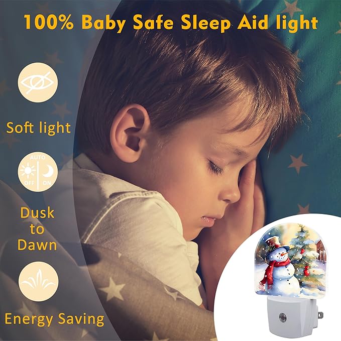Cute Snowman with Christmas Tree Night Light Plug into Wall, Winter Xmas Snowman Dusk to Dawn Night Light Plug in,0.5w Energy Saving Sleep Friendly NightLight for Kids Boys Girls Home Decor