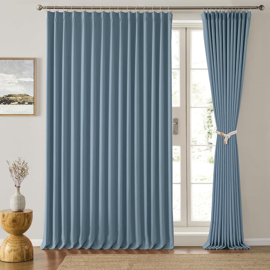 KEQIAOSUOCAI Extra Wide Dusty Blue Pinch Pleated Curtains 100 x 90, Thermal Insulated Noise Cancelling Living Room Drapes 90 inches Long, Patio Sliding Glass Door Window Curtain 2 Panels