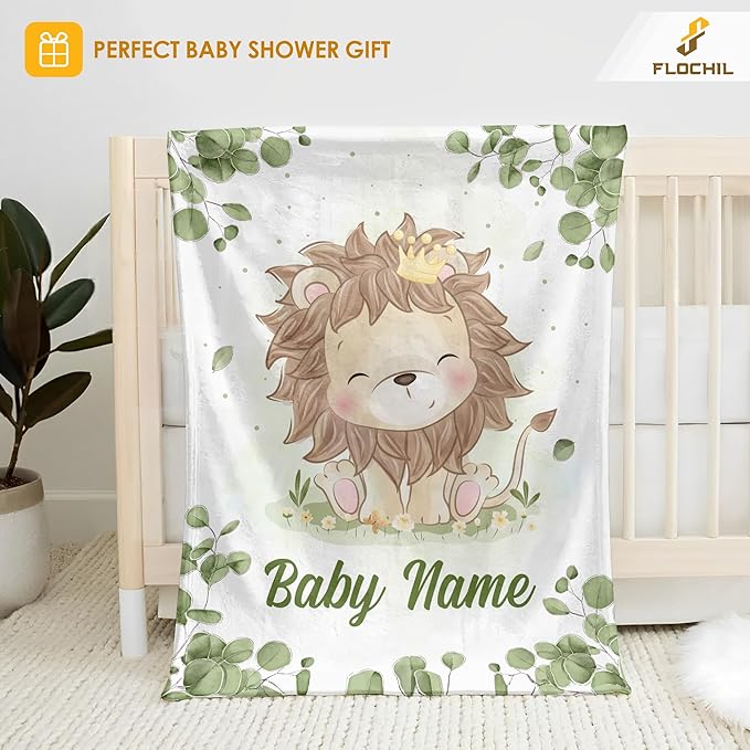 Personalized Baby Blankets, Custom Baby Blanket - Baby Blanket with Name for Boys, Best Gift for Baby, Newborn Elephants Flush Fleece (30x40) (Lion 3)