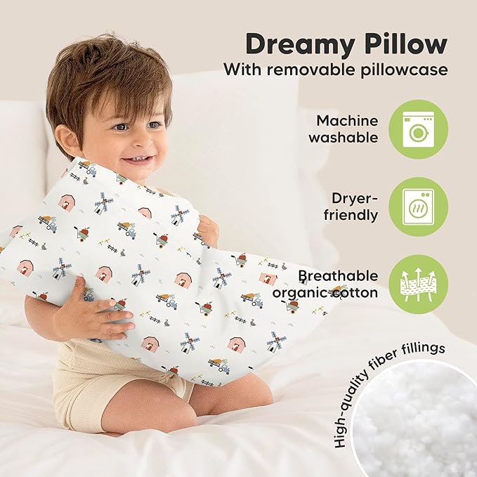 Toddler Pillow with Pillowcase - 13x18 My Little Dreamy Kids Travel Bed Pillows for Sleeping, Organic Cotton Small Pillowcase, Soft & Breathable, Machine Washable, Toddlers 2-5 Years Old (Barn)