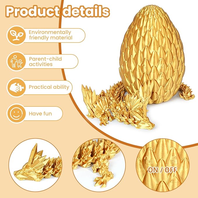 3D Printed Dragon Eggs with Articulated Fly Dragon Inside, Collectible Figurines Fidget Toy for Adults Kids Birthday Easter Christmas White Elephant Gifts for Friends Colleagues(Gold, M size)