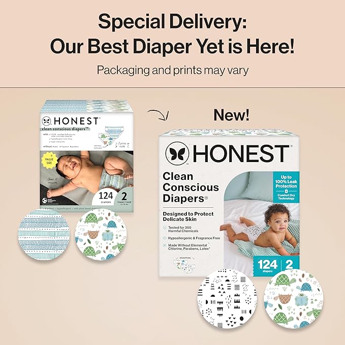 The Honest Company Clean Conscious Diapers for Sensitive Skin, Up to 100% Leakproof Hypoallergenic Fragrance-Free Baby Diapers, Gender Neutral Prints, Super Club Box, Size 2 (12–18 lbs), 124 Count