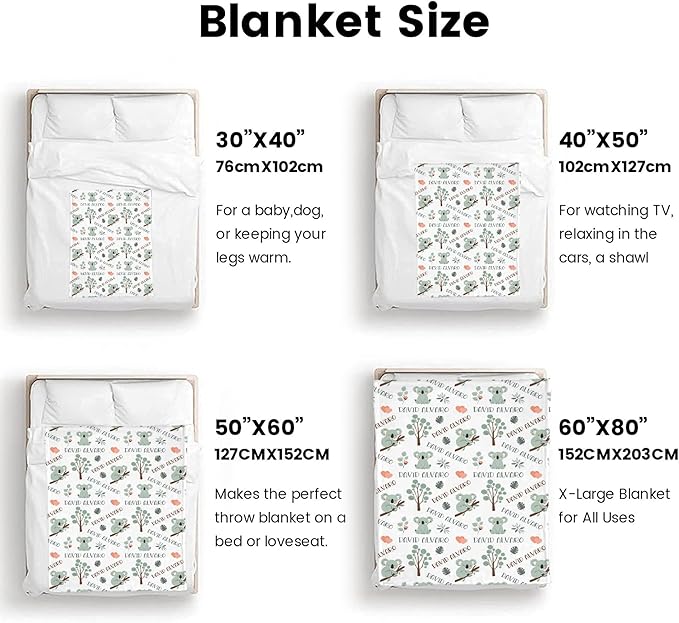 Ship Next Day Personalized Baby Blanket, Printed in USA - Custom Name Toddler Blanket with Koala Pattern, Personalized