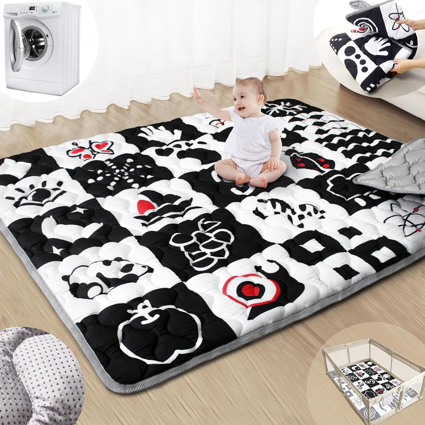 Baby Play Mats for Floor, 71”x59” Upgraded Thickness & Larger Super Soft Playmat for Babies and Toddlers, Foldable Washable, Upgrade Anti-Slip Crawling Mat for Playpen(High Contrast)