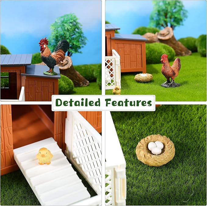 Skylety 9 Pieces Easter Chicken Figurine Chicken Model Playset Farm Action Figures Fences Around Building Blocks Farm Coop Set Birthday Party Present Animal Christmas Easter Gift