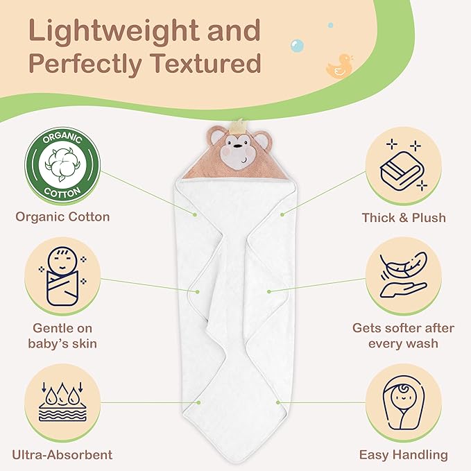 Mother's Choice Baby Hooded Towel - Large Size Cotton, Ultra-Soft & Absorbent Bath Towel for Newborns, Infants, Toddlers, Boys & Girls with Animal Hood (Monkey)