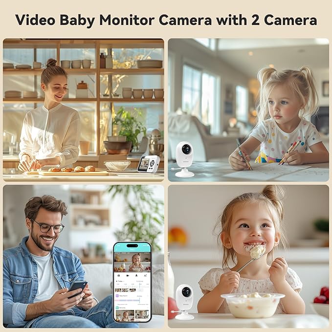 ebemate WiFi Video Baby Monitor with 2 Camera,2.8" Display with 1200Ft Long Range,WiFi On/Off,1080P No Glow Night Vision,2-Way Talk Baby Cam Monitoring EBS28-2