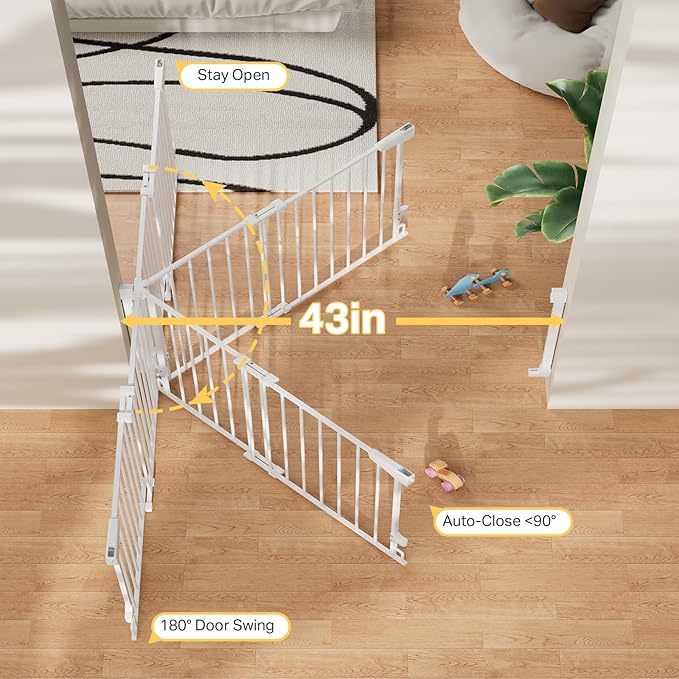 Cumbor 29.2–43" Baby Gate for Stairs, Wall-Mounted (Drill Required), Expandable No Bottom Bar Dog Gate, Auto Close Extra Wide Walk Thru, Pet & Toddler Proof Gate, Top & Bottom of Stairways (White)