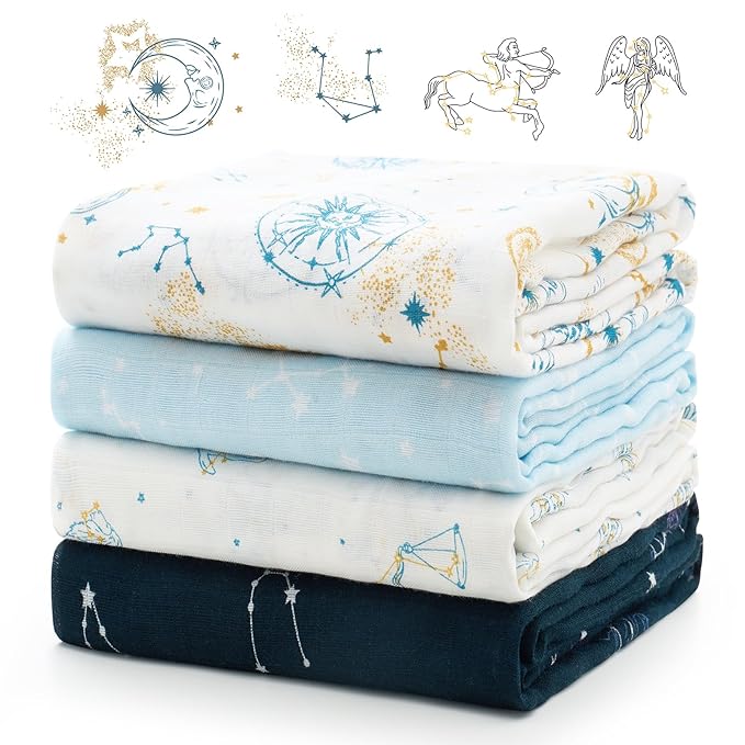Momcozy Muslin Swaddle Blankets, Ultra Soft Neutral Registry Essentials, Angelic Starlight Zodiac Magic, Breathable Large 47'' x 47'' Newborn Boys Girls Receiving Blanket