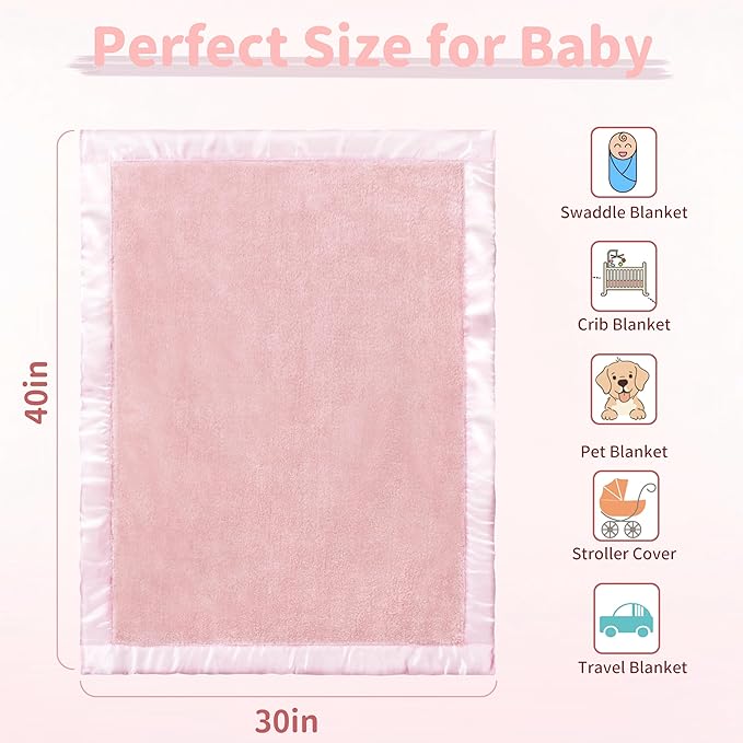Pro Goleem Fleece Baby Blankets for Girls with 2 Inch Satin Trim, Super Soft Plush Receiving Blanket for Infant Toddler Newborn, Cozy 30x40 Inch Crib & Stroller Blanket (Pink)
