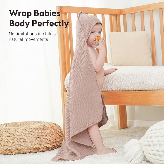 Susurration Hooded Baby Towels for Newborn 2 Pack 100% Muslin Cotton Towel for Babies，Highly Absorbent and Newborn Essential 30x30 Inch Cream&Sand