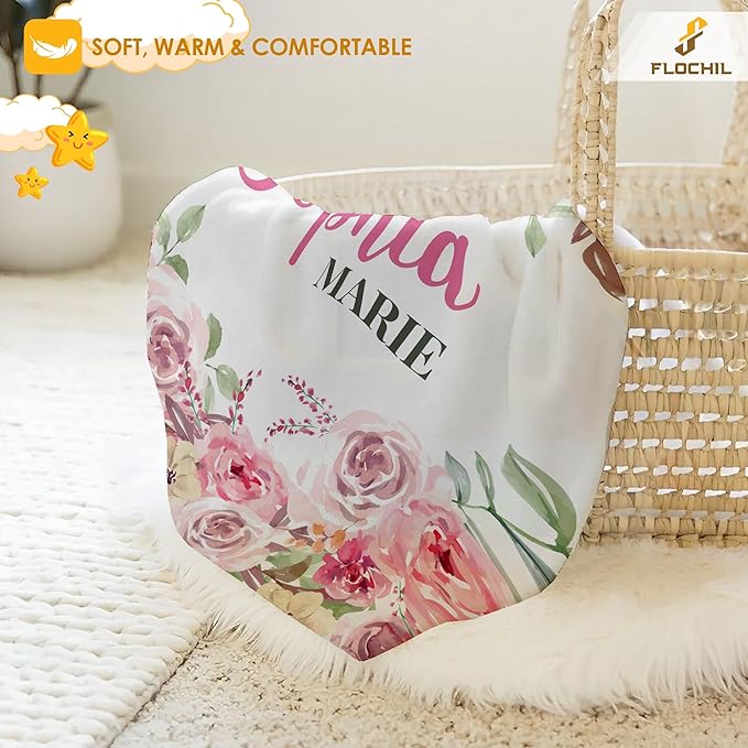FLOCHIL Personalized Baby Blankets, Custom Baby Blanket - Baby Blanket with Name for Girls, Best Gift for Baby, Newborn Floral Plush Fleece (30x40)