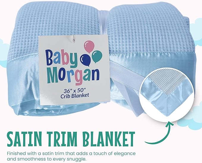 Blankets - Thermal Waffle Warm Baby Blanket for Crib - Soft and Cozy Baby Crib Blanket for Nursery, Stroller, or Naptime Comfort - Ideal Shower Gift - Blue, Satin Trim (36" x 50")