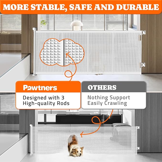 Pawtners Retractable Baby Gates Extra Wide, 41" Tall Extends up to 71" Wide, Dog Gate Indoor with for Stairs, Pet Gate with Support Rods for Doorways Hallways Indoor & Outdoor-White