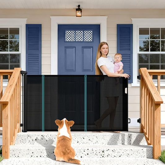 71'' Retractable Baby Gates Extra Wide for Stairs, 42" Tall Black Mesh Dog Child Pet Safety Indoor Outdoor Retractable Gate for Doorways, House, Hallway, Deck with Reinforcement Strips