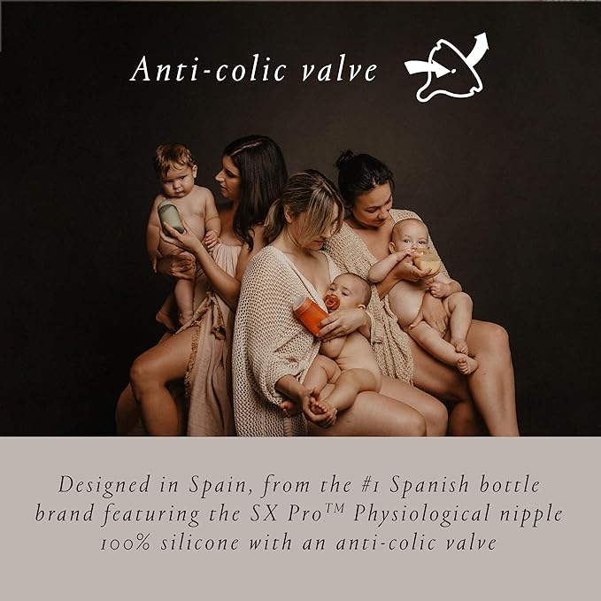 Suavinex Color Essence SX PRO Physiological Soft Flexible Silicone Baby Bottle, Anti Colic Baby Bottles, Supports Breast Feeding Babies, Made in Spain, Medium Flow, 8oz, Sunset Orange