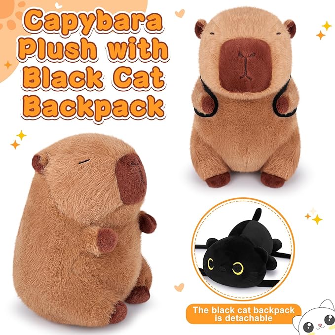 Achwishap Capybara Plush,Capybara Stuffed Animal Cute Plushies,Capybara Plush Toys,Kawaii Plushie Stuffed Toy with Black Cat Backpack Plushies Gifts for Kids Adults(Capybara with Black Cat,14”)