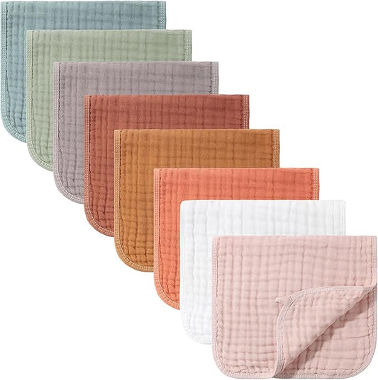 8 Packs Muslin Burp Cloths 6 Layers Unisex Baby Items Absorbent Burp Rags Colorful Muslin Washcloths for Baby Plain Soft Cotton Cloth for Babies Girls Boys, 10 x 20 Inch (Classic Colors)