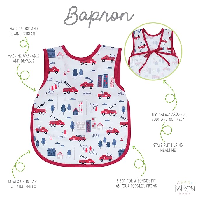 BapronBaby Be Brave - Firefighter Bapron - No Neck Tie Safer Bib for Baby & Toddler - Soft Waterproof Stain Resistant - Machine Washable - Sz Baby/Toddler 6m-3T