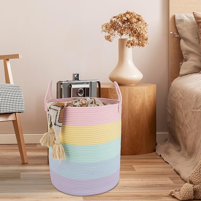 Rope Laundry Basket Hamper for Kids Girl Woven Storage Basket for Living Room Bedroom Boho Tall Baskets for Blanket Toys Pillow Towels Baby Nursery Hamper Bin rainbow