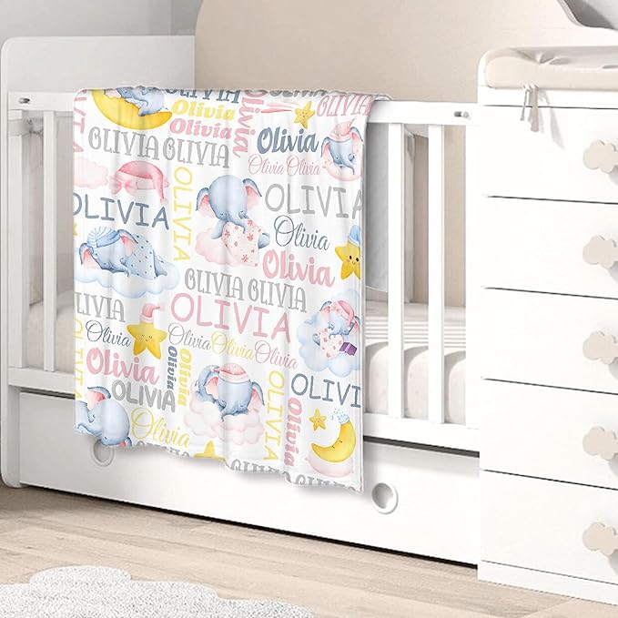 Personalized Baby Blanket for Girls Boys Elephant Custom Baby Blanket with Name Swaddle Blanket for Toddlers Infants Kids Shower Newborns Nursery Stroller Crib Decor Throw Birthday Gift