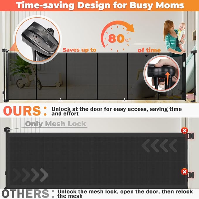 120" Extra Wide Retractable Baby Gates Dog Gate, Long Mesh Gate Pet Gate for Large Opening, 34" Extra Tall Child Safety Gate with Reinforced Strips for Stairs Hallways Doorways Deck Indoor Outdoor