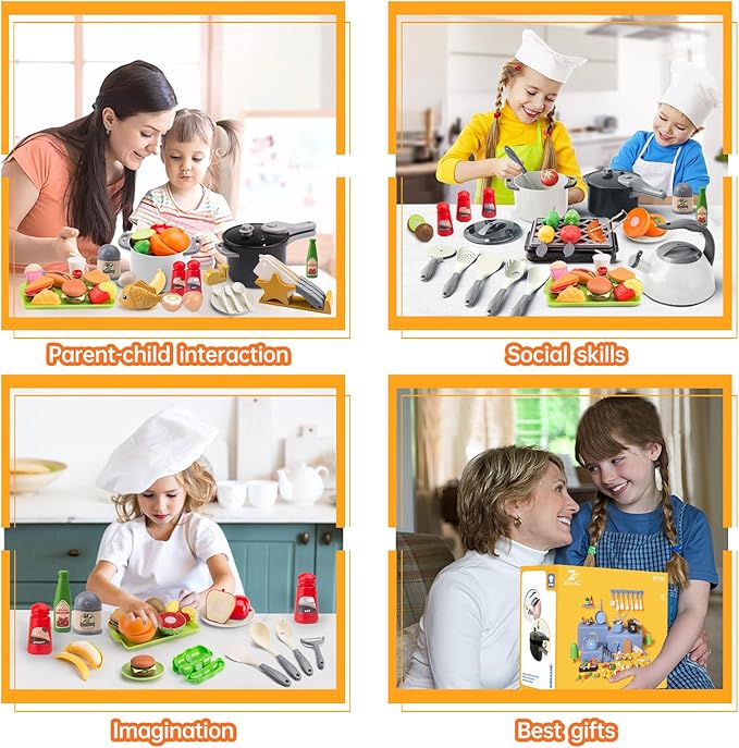 105Pcs Kids Kitchen Toy Accessories, Toddler Pretend BBQ Camping Cooking Playset, Play Pots, Pans, Utensils Cookware Toys, Play Food Set, Vegetables, Learning Gift for Girls Boys