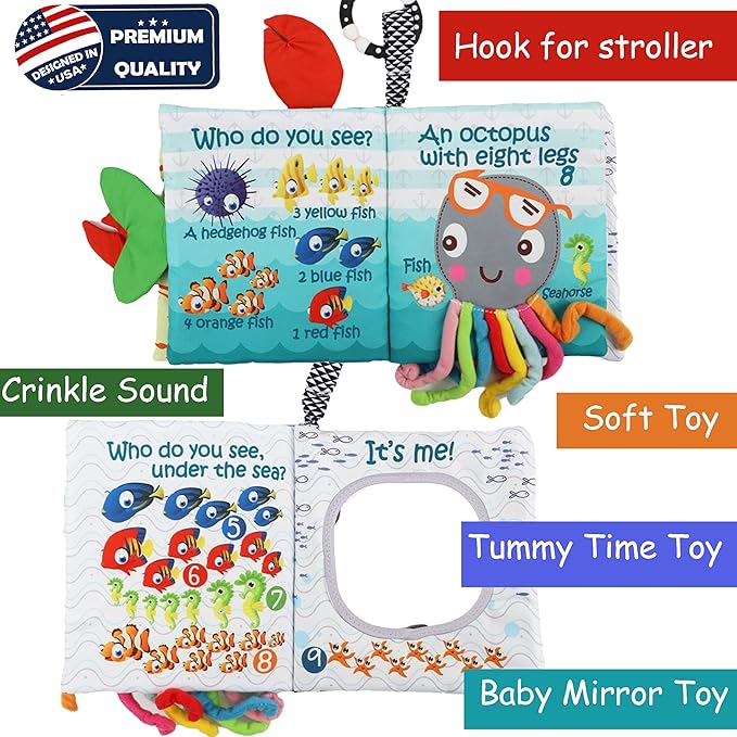 Fish Baby Book 0-6 Months,Touch Feel Cloth Crinkle Books for Babies,Infant Baby Toys 6-12 Months,Learning Education Soft Sensory Mirror Toy,Shower Gifts Easter for Boys Girls-Teether