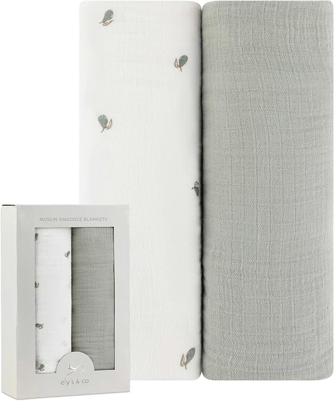 Ely's & Co. Muslin Swaddle Blanket 2-Pack — 100% Cotton Muslin Extra-Large Swaddle Blankets (47” x 47”) Solid + Printed (Sage Pear)