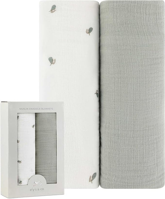 Ely's & Co. Muslin Swaddle Blanket 2-Pack — 100% Cotton Muslin Extra-Large Swaddle Blankets (47” x 47”) Solid + Printed (Sage Pear)