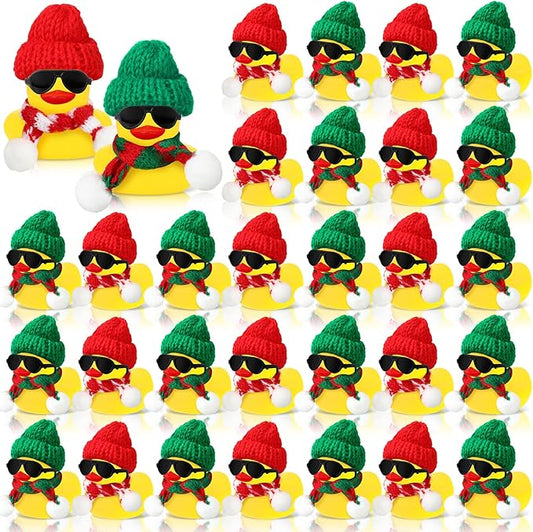 Syhood 48 Sets Christmas Mini Rubber Duck Bulk with Sunglasses Scarf Hats and Adhesive Dots Duckies Bath Toy Xmas Decor for Christmas Winter Gift Cruise Birthday Party (Classic Hat)