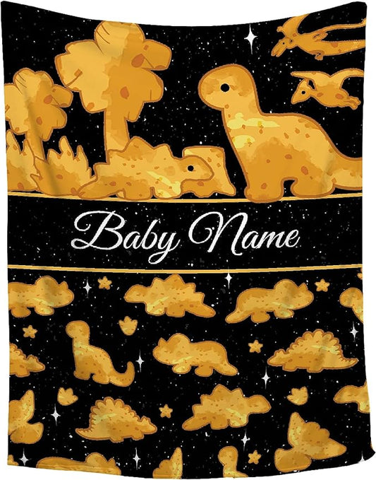 Personalized Baby Blanket for Girls Boys Chicken Nuggets Dinosaur Custom Blanket with Name Swaddle Blanket for Toddlers Infants Kids Shower Newborns Nursery Stroller Crib Decor Throw Birthday Gift