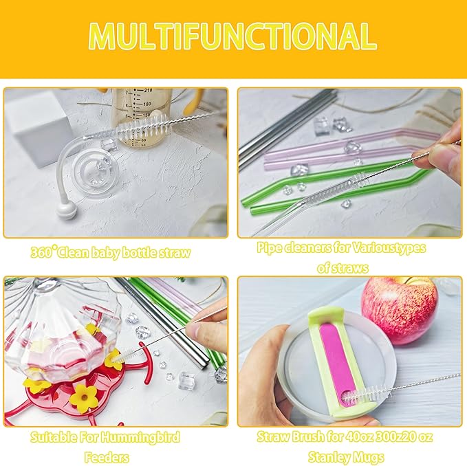 Straw Cleaner Brush for Stanley Cup, Straw Cleaning Brush and Nylon Bristles, Straw Brush for Baby Bottles, Glass/Silicone Straws or Hummingbird Feeders，Straw Cleaner Set 3 Pack.