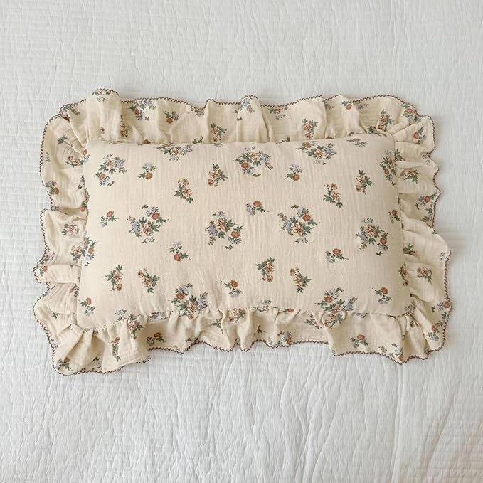 BuLuTu 2 Layers Muslin Toddler Pillowcases Fits for Crib Cot Cradle, Cotton Floral Pillow Cases for 1 2 3 4 5 6 Years Old Girls Boys, Envelope Travel Toddler Pillow Cover Protector with Ruffles