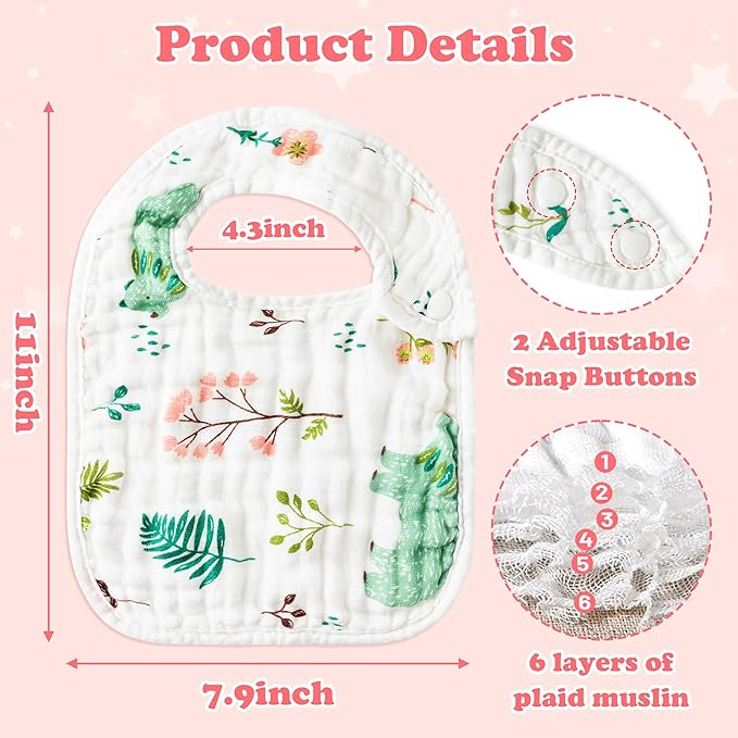 Zainpe 6Pcs Snap Muslin Cotton Baby Bibs Summer Cactus Patterns Infants Drooling Bib, Soft Absorbent Adjustable Burp Cloths for Newborns Girls Boys Toddlers Teething Eating Feeding 0 to 36 Months