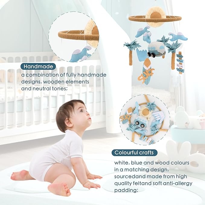 Surf Mobile for Crib Handmade Felt Nursery Decor Crib Mobile surf for Bassinet Baby Shower Newborn Baby Gift Beach Nursery Decor (Surf and Beach)