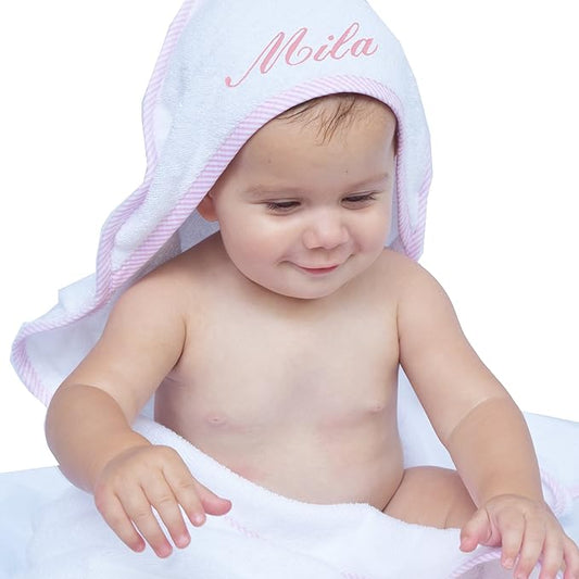 My Personal Memories Personalized Baby Hooded Bath Towel - Monogrammed for Girl and Boy - Embroidered (White with Pink)