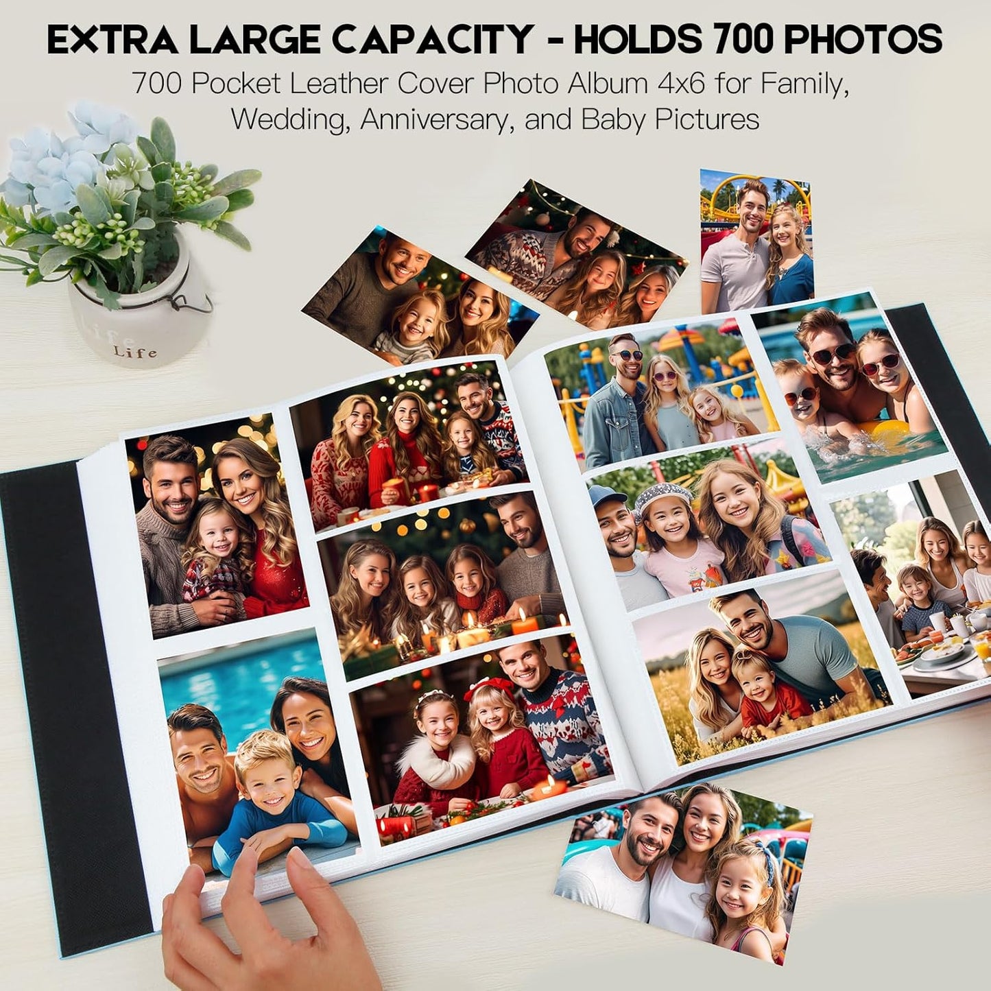 Aevdor 700 Pockets Photo Album 4x6, Extra Large Capacity Leather Cover Wedding Family Photo Albums Holds 700 Horizontal and Vertical Photos, Acid-free Pages 4x6 Photo Album with Front Window (Blue)